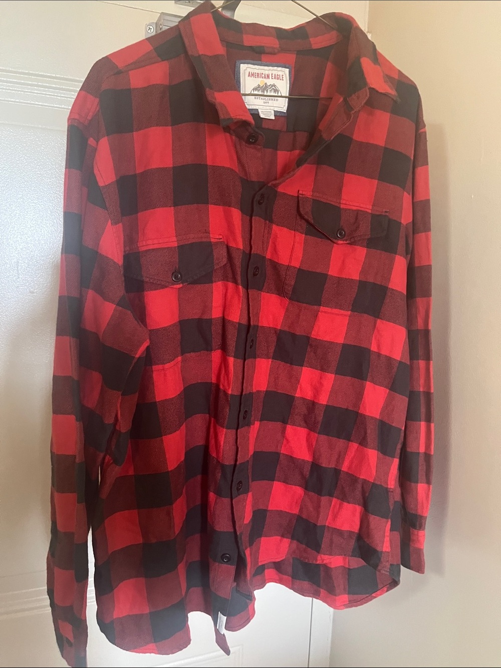 American Eagle Outfitters Red and Black Buffalo Check Button-Up Shirt